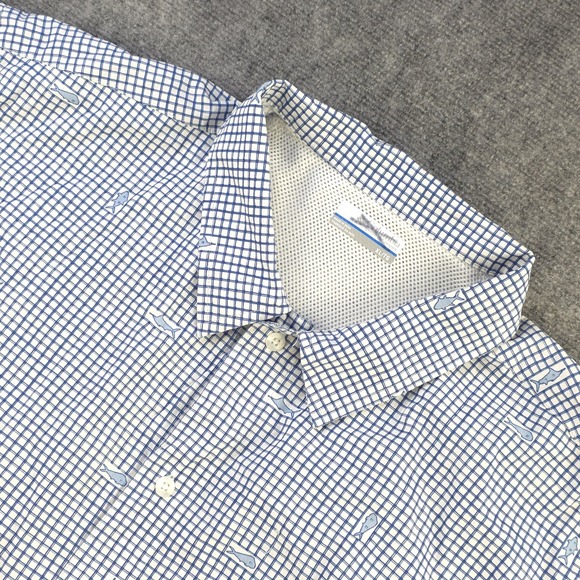 Columbia Other - Columbia Pfg Shirt XL Shark Print Blue Check Vented Short Sleeve Fishing Button